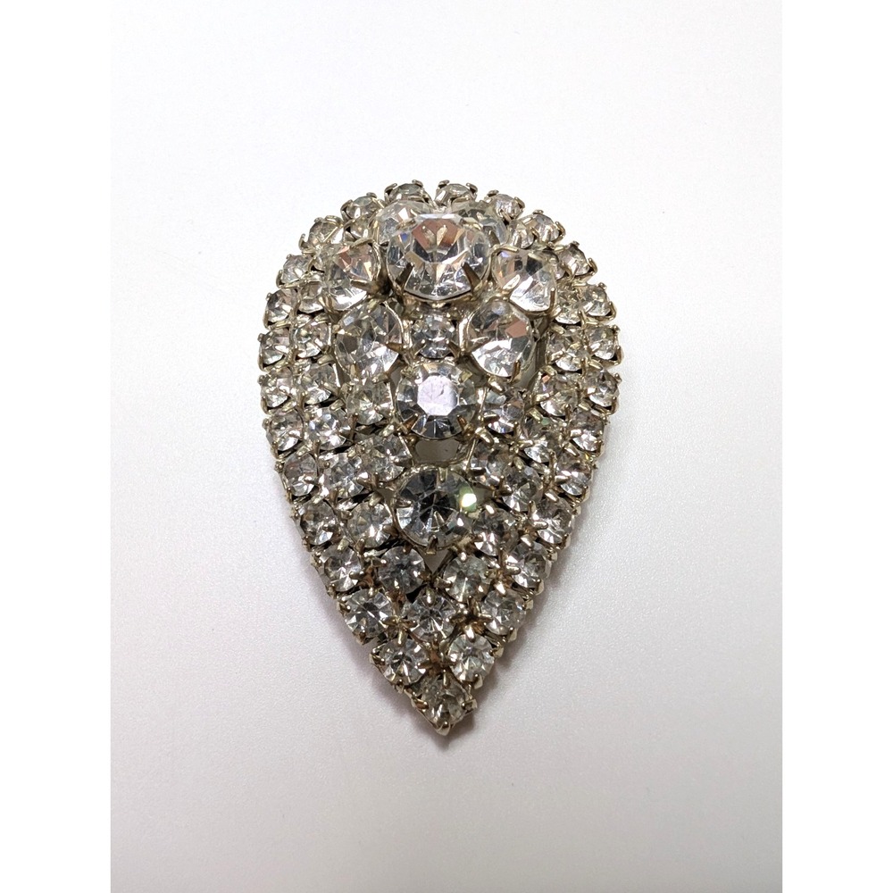 Vtg 2" Teardrop Silver-Tone Clear Rhinestone Tiered Statement Brooch Pin